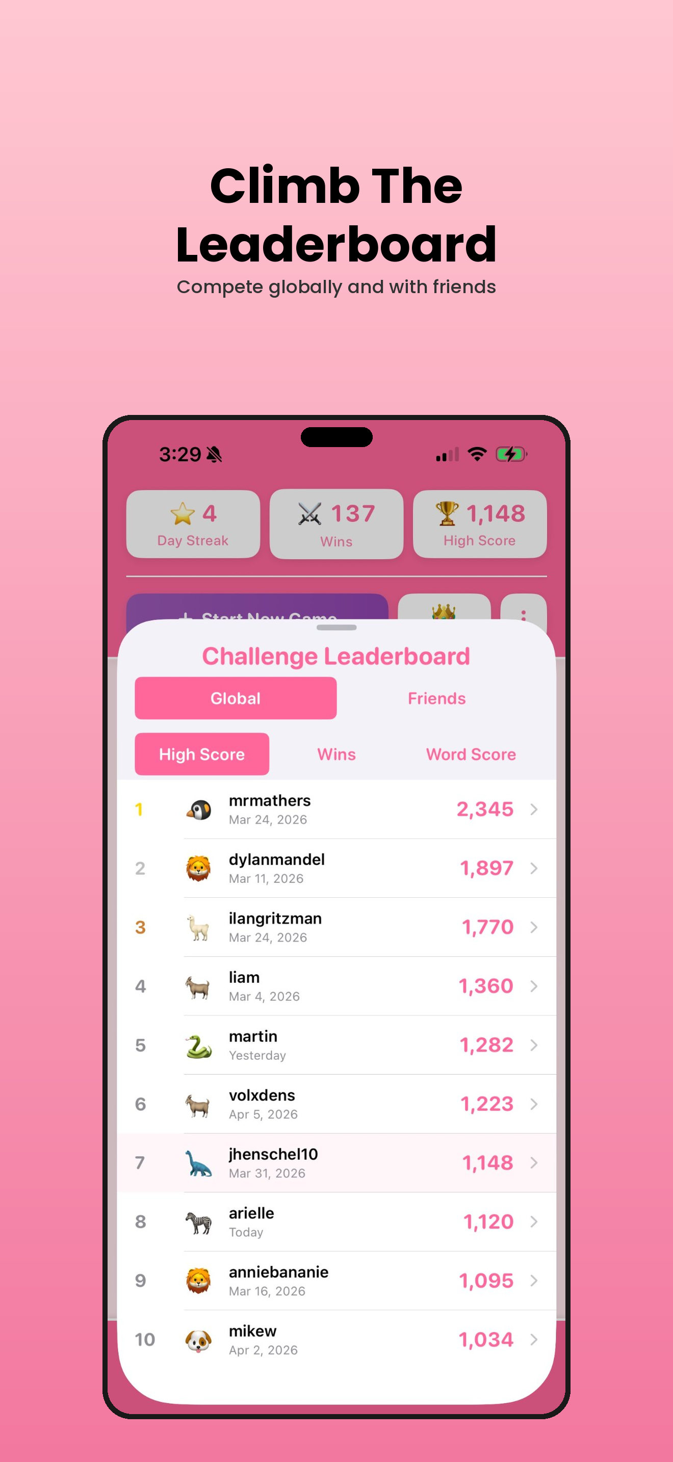 Climb the leaderboard globally and with friends