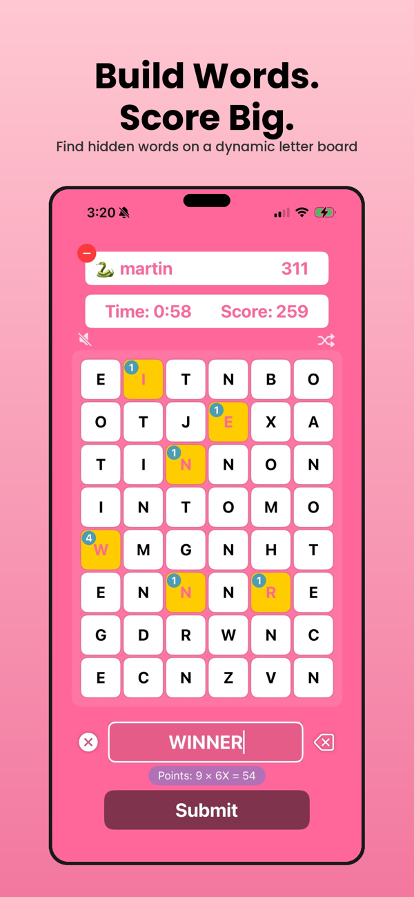 Wordable word game board — tap falling letters to build words and score big