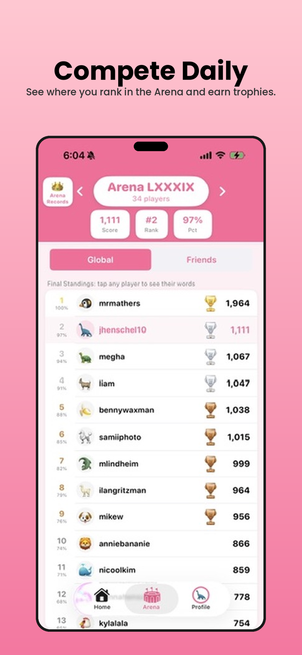 Daily Arena rankings — see where you rank against every Wordable player