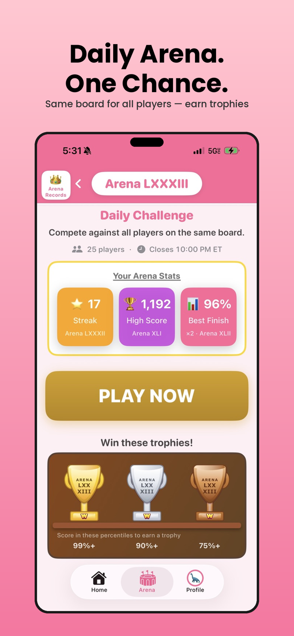 Daily word Arena — one board, one chance, earn trophies