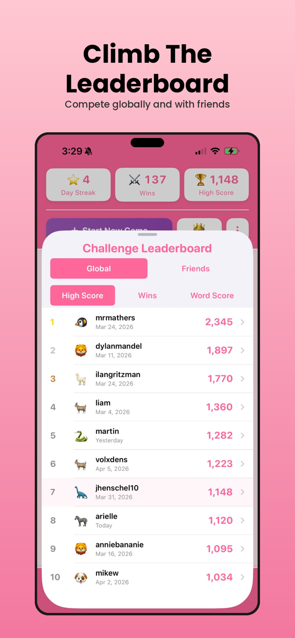 Word game leaderboards — climb globally and among friends